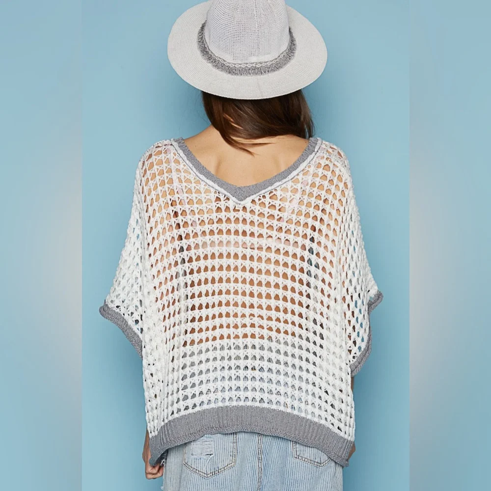 517. Last 1! CLEARANCE POL V neck grey white oversized peace crochet sweater - Picture 5 of 5